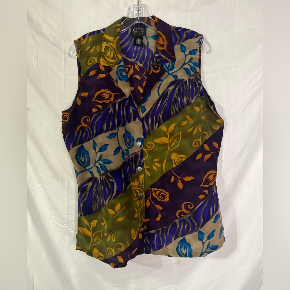 City Silk  Colorful Silk Sleeveless Button front‎ Shirt L